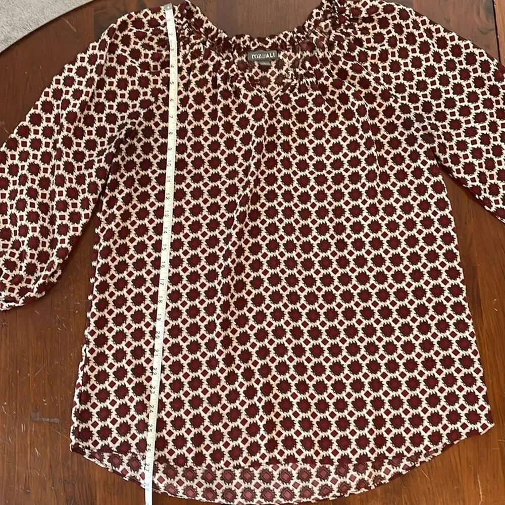 Roz & Ali Womens Blouse Large Geometric Diamond Red Cream 3/4 Length Sleeve - Picture 8 of 9